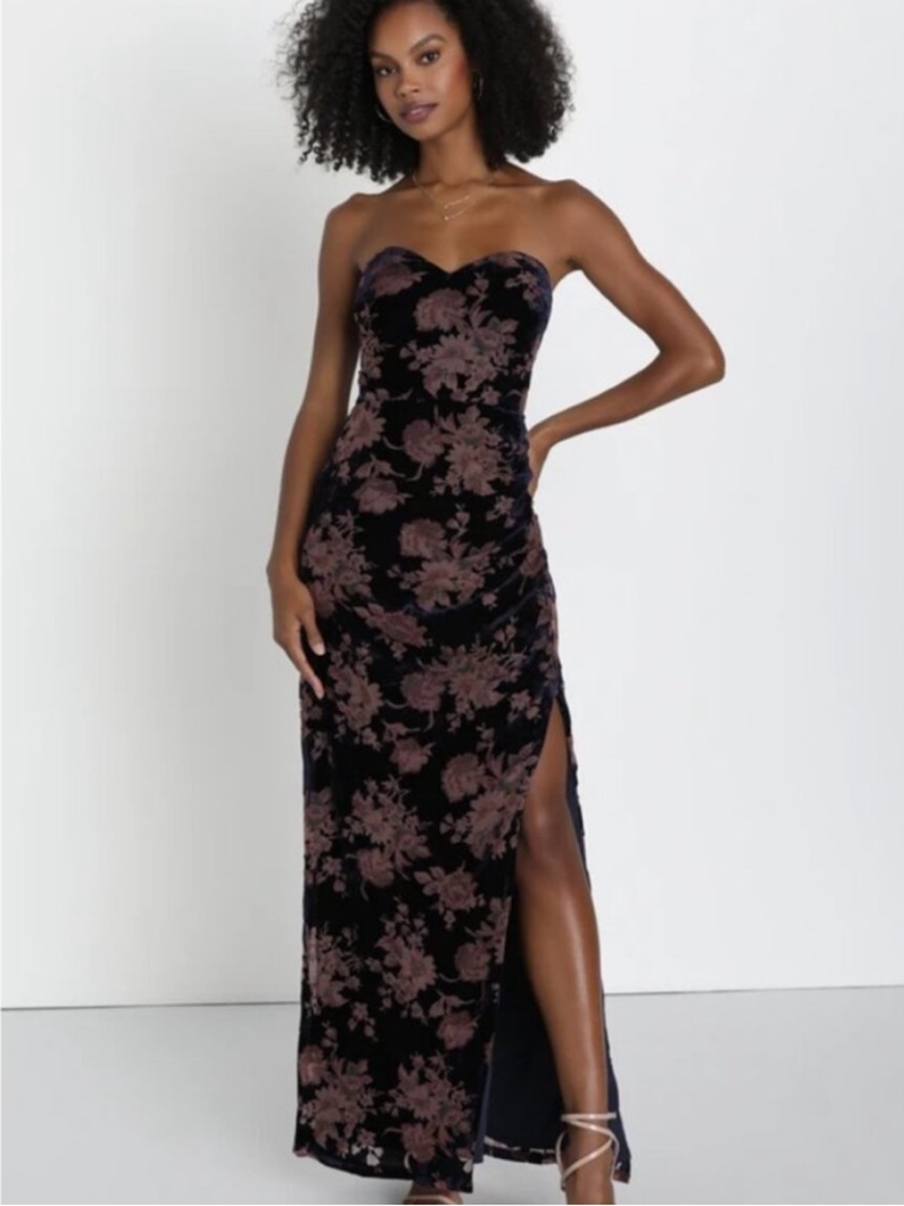 New Lulus Exquisite  Strapless  Burnout Velvet Floral Maxi Dress  Sz Large